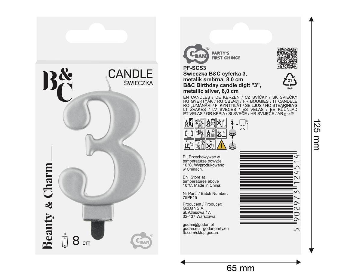 Birthday candle digit 3, metallic silver,  8 cm